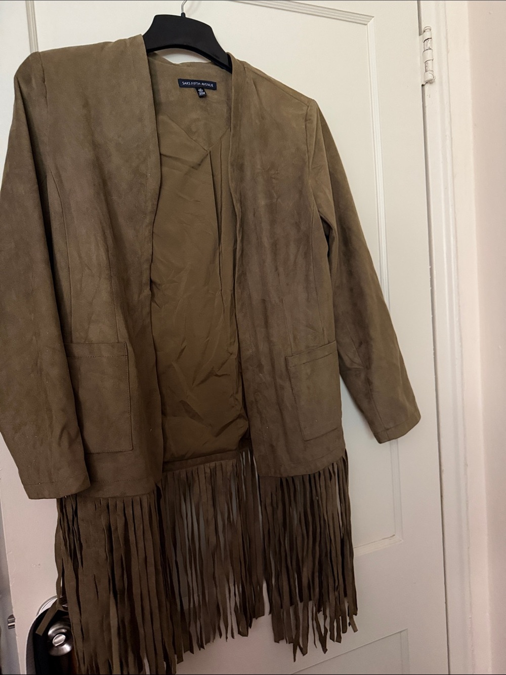 Saks Fifth Avenue Olive Suede Fringe Open-Front Jacket